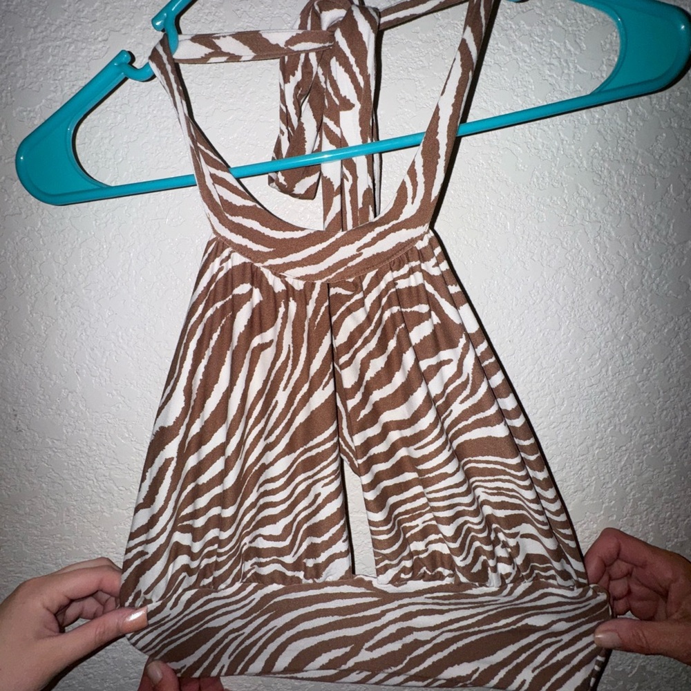Almost Famous Zebra Print Halter Top in Brown and White